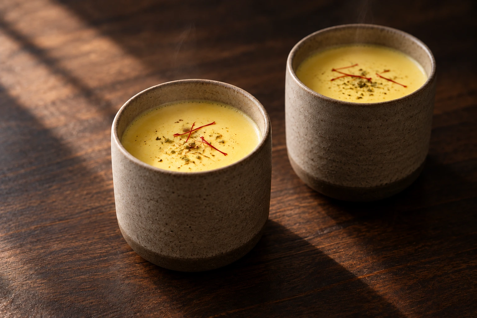 Two cups of warm kesar doodh saffron milk