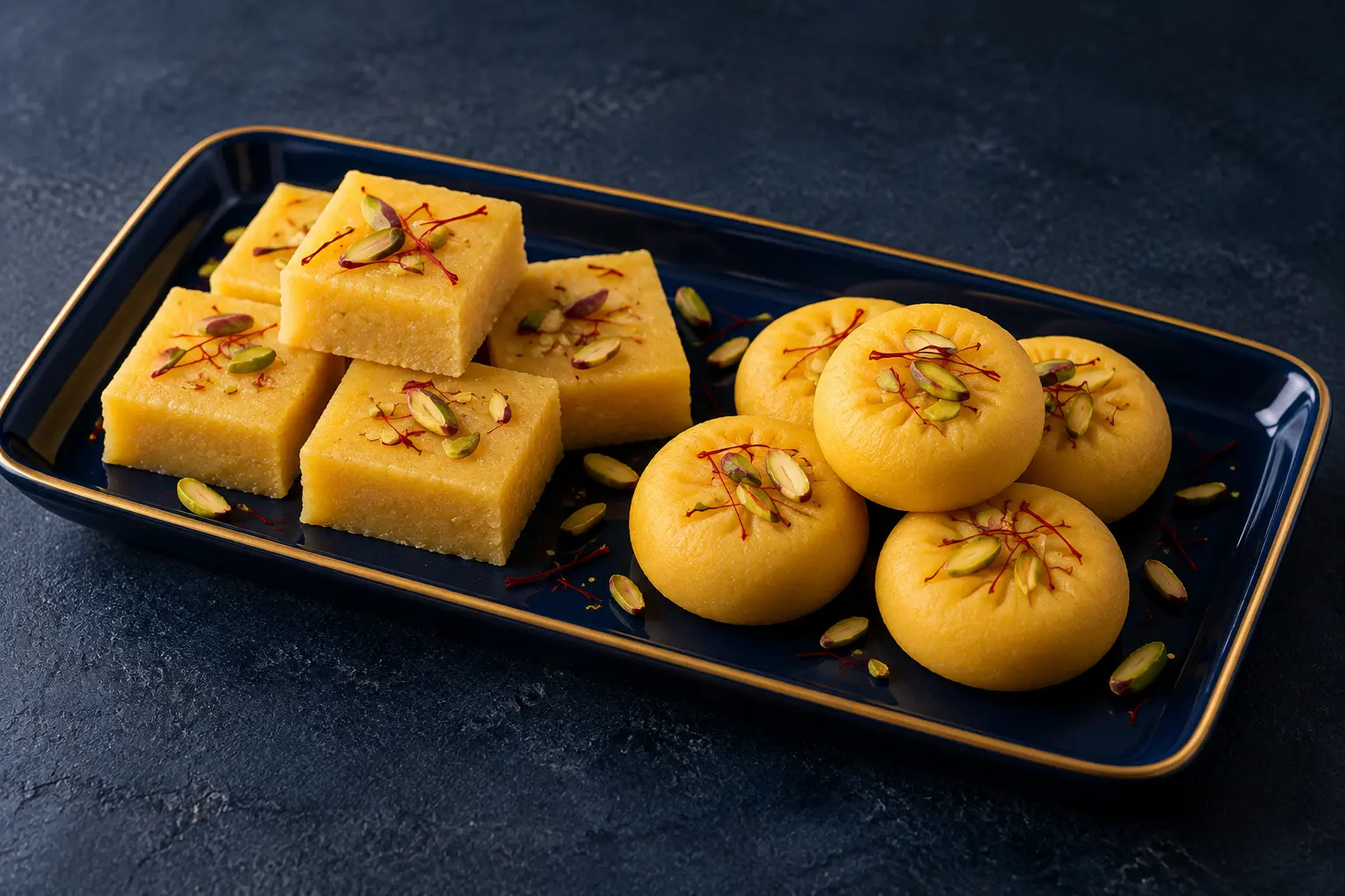 A plate of golden saffron mithai