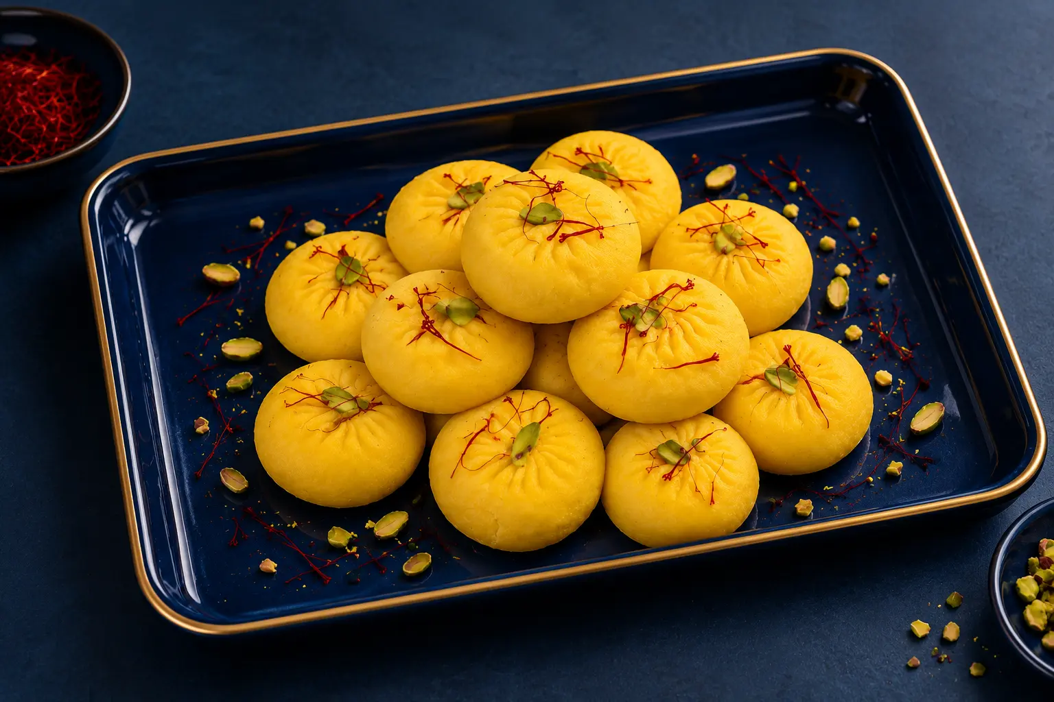 Rounds of kesar peda saffron milk fudge