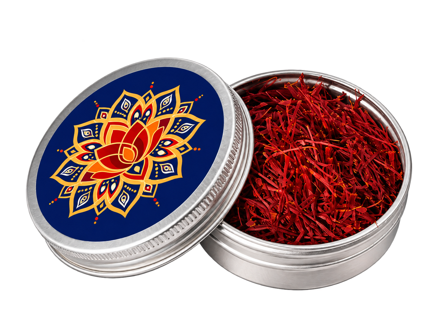 Open silver tin of Sara Saffron saffron threads with mandala lid